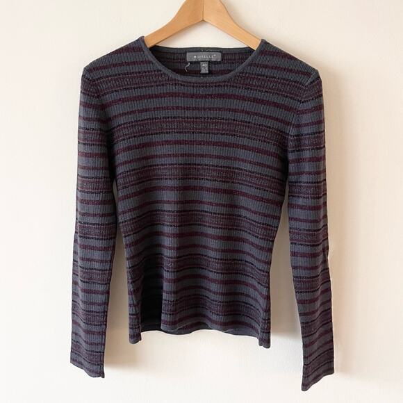 Moiselle Long Sleeve Sweater Top Woman’s size EU 40 US L Gray Burgundy Stripes - Picture 1 of 7